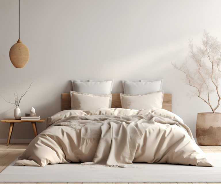 Moderni makuuhuone, jossa on luonnonsävyinen sänky, beige vuodevaatetus, puinen sängynpääty ja minimalistinen sisustus koristekasveilla.